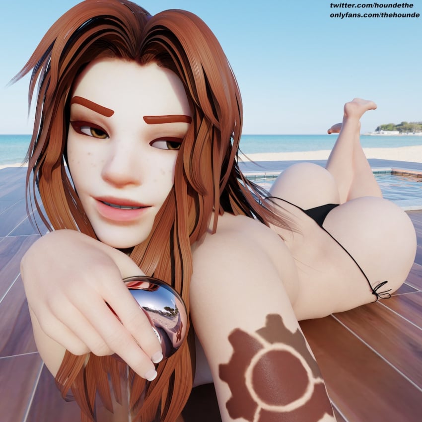 1girls 3d alternate_hairstyle ass barefoot beach big_ass bikini bikini_bottom blizzard_entertainment brigitte brigitte_lindholm feet feet_up female freckles freckles_on_face french_nails hips holding_object light-skinned_female long_hair looking_away loose_hair makeup micro_bikini nail_polish nails nipple_peek orange_hair overwatch pink_nipples round_ass shoulder_tattoo smiling soles solo tagme tattoo thehounde thong_bikini toes topless topless_female wide_hips