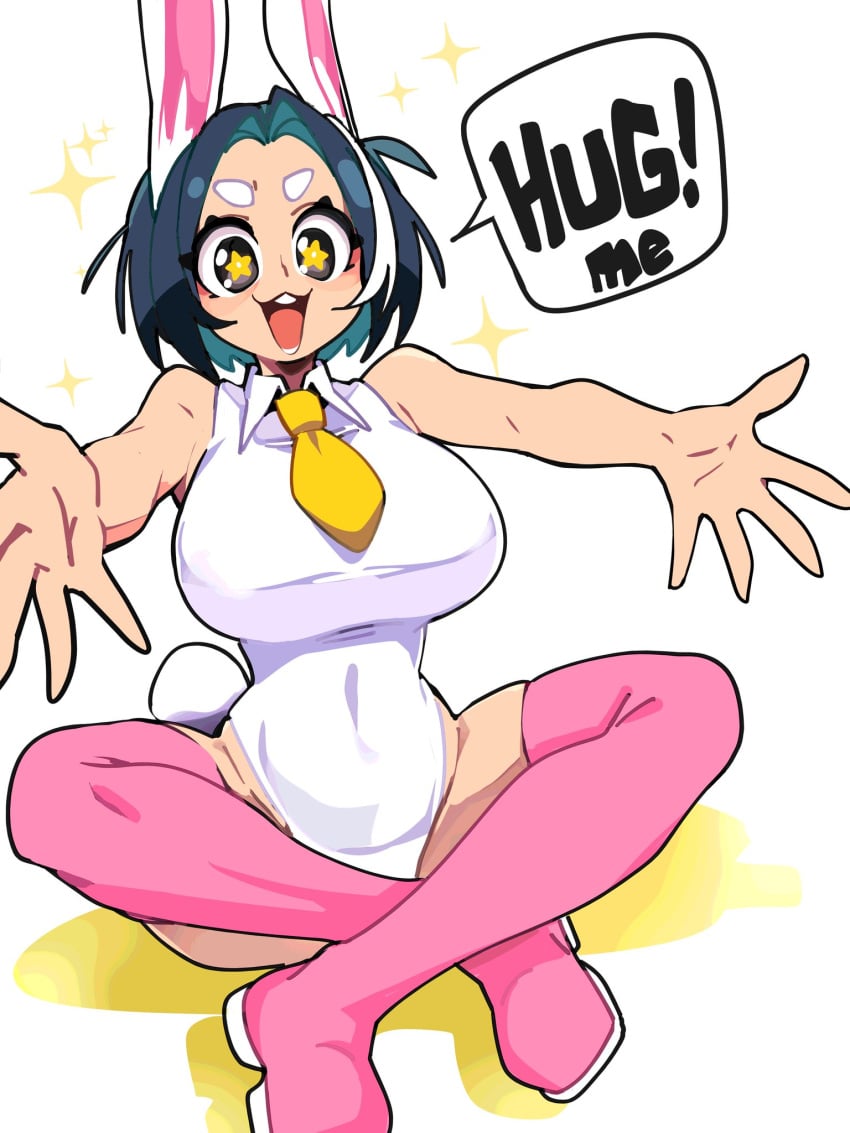 adorable big_breasts black_hair bongftah breasts bunny_ears bunny_girl english_text hug kuri_(bongftah) open_mouth short_hair starry_eyes tagme tall_boots tie yelling