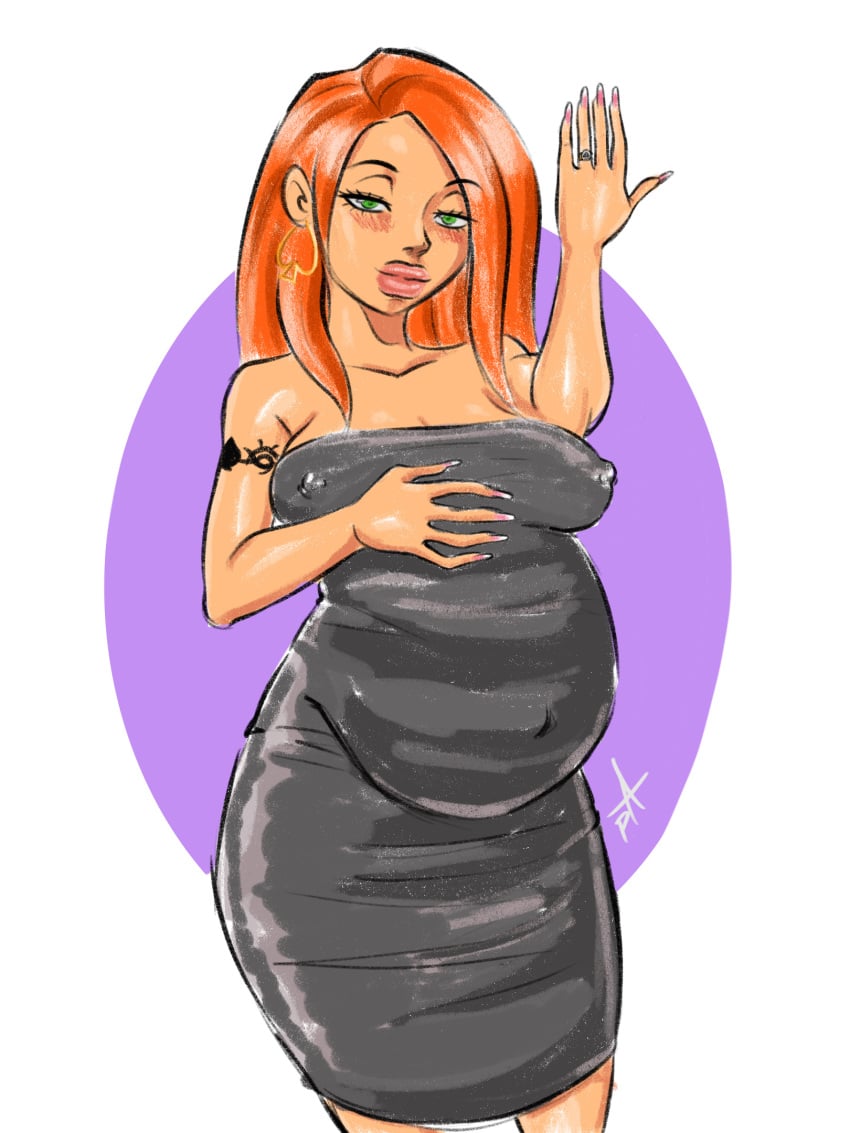 acrylic_nails belly_button big_belly big_lips bimbo bimbofication bimbofied blush disney disney_channel dress erect_nipples female form_fitting ginger green_eyes implied_interracial kim_possible kimberly_ann_possible looking_at_viewer nipples_visible_through_clothing no_bra pink_fingernails pranky pregnancy pregnant pregnant_belly pregnant_female queen_of_spades showing_off smug snowbunny solo solo_female spade_earrings spade_ring spade_tattoo teenage_girl teenager