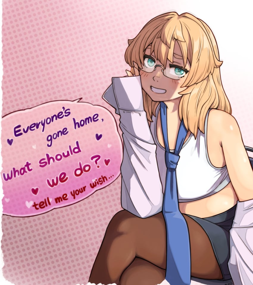 1girl abstract_background arc_system_works bare_shoulders bedroom_eyes blonde_hair blue_eyes bridget chair female female_only girly glasses guilty_gear guilty_gear_strive looking_at_viewer loose_clothes midriff necktie pantyhose seductive shiny_skin sitting skirt smile smiling_at_viewer sugag sugagsugag0524 thighs tights tomgirl trans_woman transfem