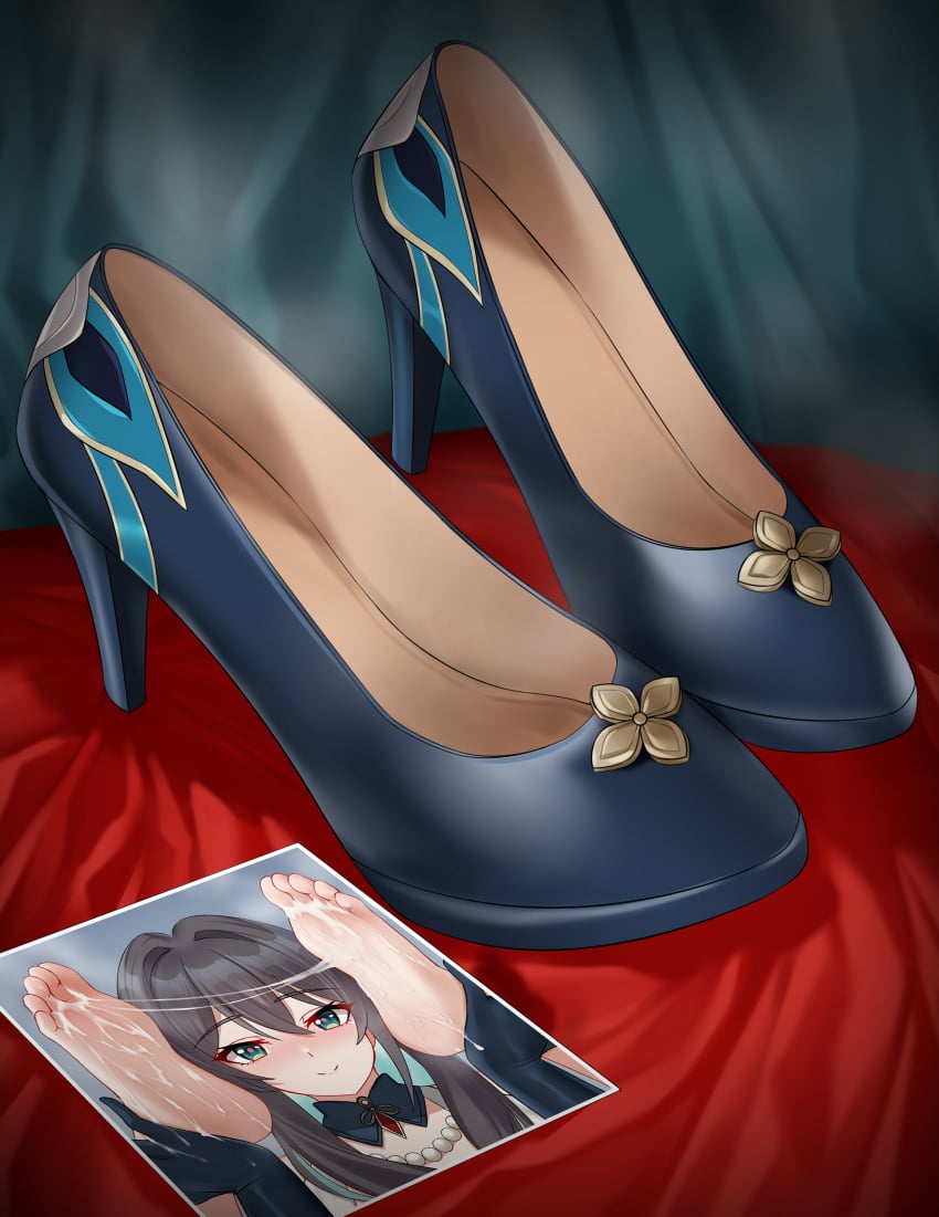 absurdres barefoot bead_necklace beads black_hair blue_gloves blush cang_se_ye_hua closed_mouth cum cum_on_body cum_on_feet cum_string cumdrip eyelashes feet feet_out_of_frame female foot_focus footwear_focus gloves green_eyes hair_between_eyes hair_intakes hands_up high_heels highres holding_own_foot honkai:_star_rail honkai_(series) jewelry looking_at_viewer necklace photo_(object) portrait ruan_mei_(honkai:_star_rail) shadow shoes sidelocks smile soles solo toes unworn_shoes