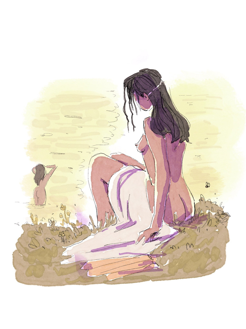 2girls bathing completely_nude completely_nude_female dark-skinned_female dark_skin faune female lake medium_breasts