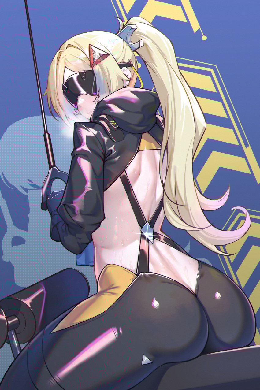 1girls ass big_ass blonde_hair bubble_butt clothing dat_ass fat_ass female female_only huge_ass large_ass looking_at_viewer looking_back sitting solo sweat sweatdrop sweaty_body thick_ass thick_thighs trigger_(zenless_zone_zero) visible_breath visor wide_hips workout_equipment yayoi_rokutone zenless_zone_zero