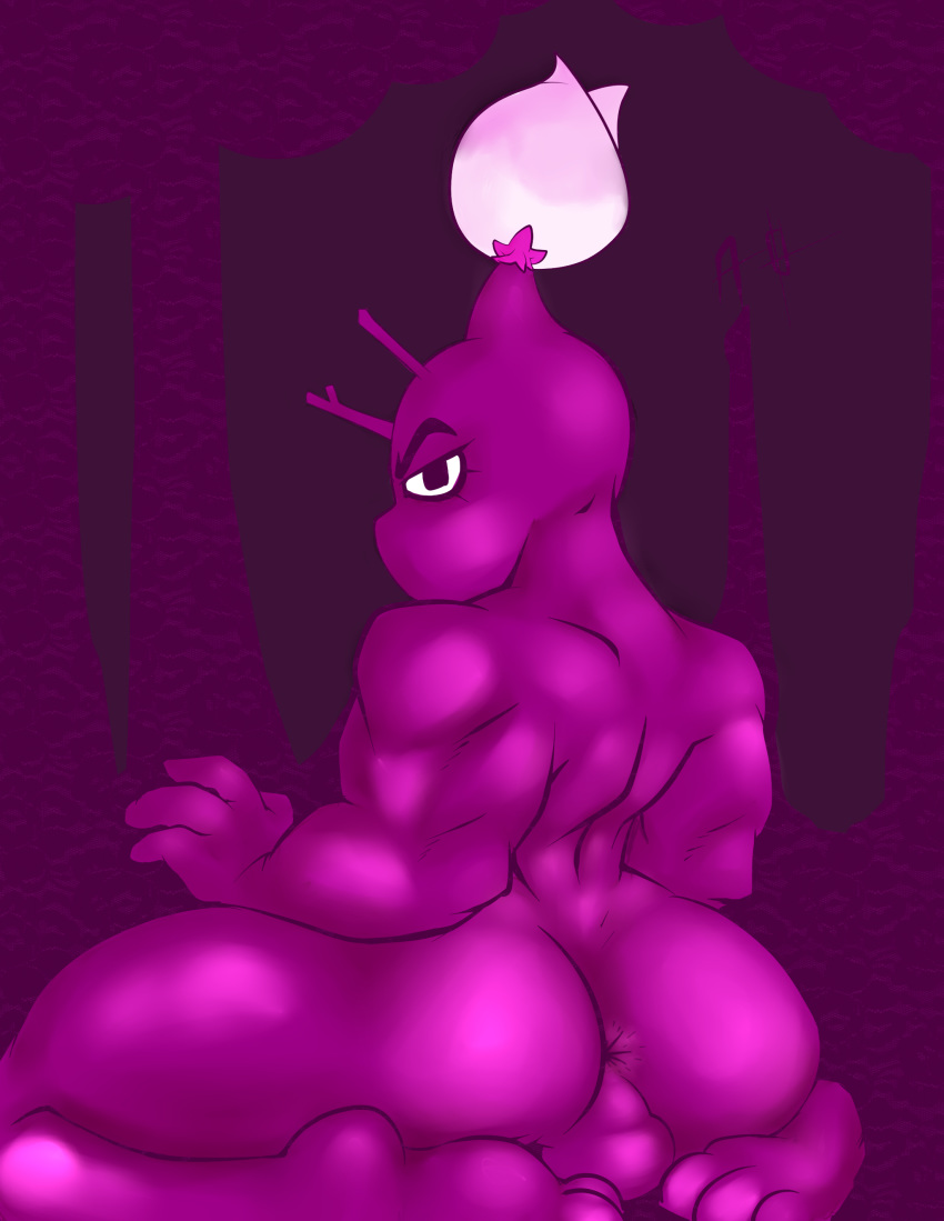 3_toes 4_fingers abacus_orrin anthro anus ass barefoot color flower looking_back male male_only muscles open_eyes pikmin pikmin_(species) purple_eyes purple_pikmin purple_skin sitting solo testicles