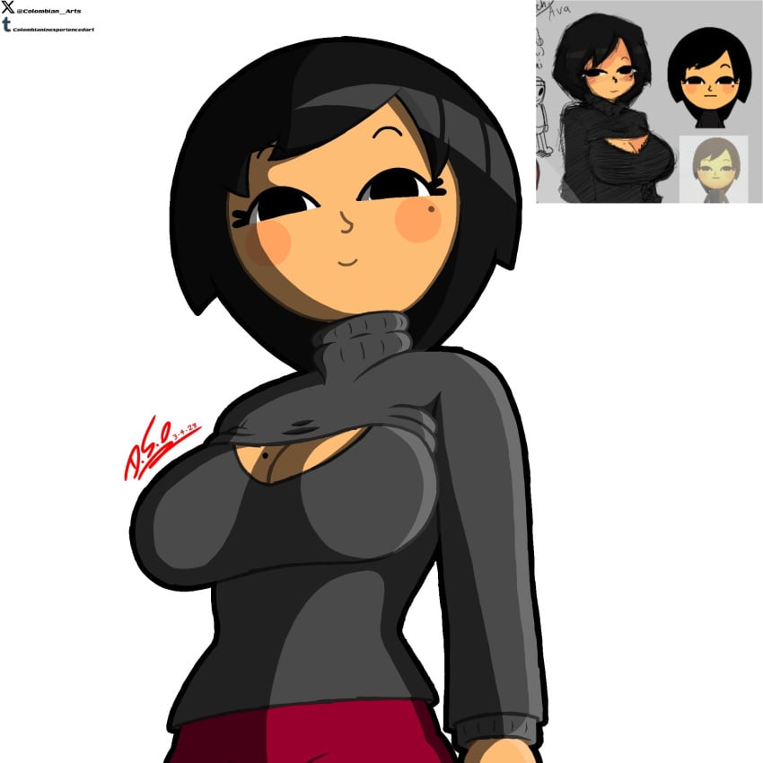 1girls artist_request ava_(gazoogaloo) black_eyes black_hair black_sweater black_turtleneck black_turtleneck_sweater blush breasts burgundy_pants cleavage cleavage_cutout female large_breasts looking_at_viewer mii mole mole_on_breast mole_under_eye nintendo oc pants short_hair simple_background smile smiling_at_viewer solo solo_female solo_focus sweat sweater turtleneck white_background