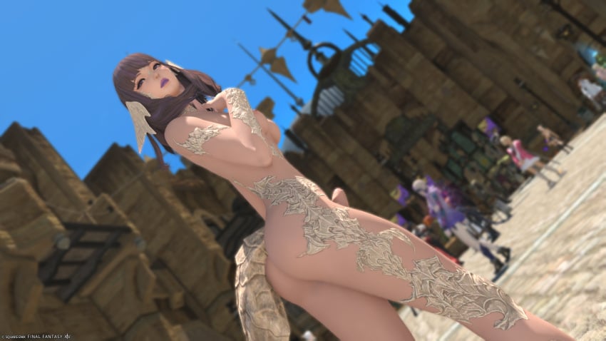 3d alys_(ffxiv) au_ra final_fantasy final_fantasy_xiv futa_focus futanari intersex public_nudity purple_lipstick self_upload