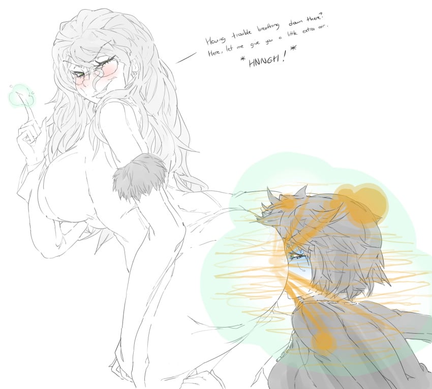 2girls ass big_ass big_butt blush bondage english_text face_in_ass fart fart_cloud fart_fetish farting farting_in_face female fubuki_(one-punch_man) glasses green_eyes lazei looking_back one-punch_man psykos rear_view shoulder_length_hair sketch smile standing tears text uncolored viewed_from_behind yuri