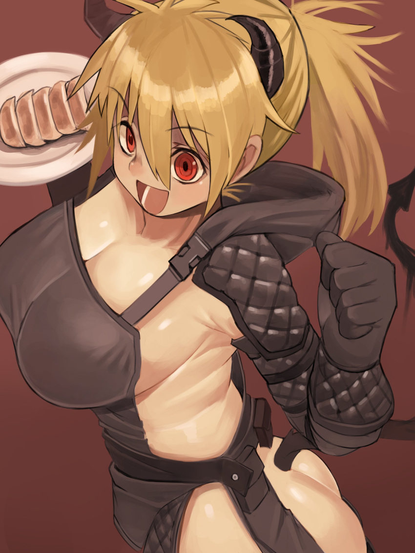 ankochan_zzz apron_only ass big_breasts blonde_hair breasts cleavage female food gloves hoodie horns open_mouth plate ponytail red_eyes tail