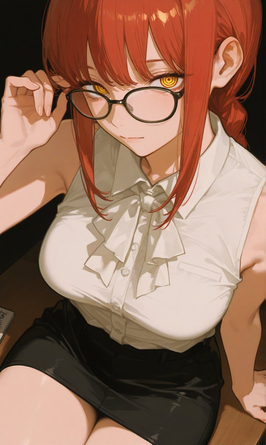 ai_generated braid chainsaw_man collared_shirt glasses l-major makima_(chainsaw_man) pencil_skirt red_hair ribbon ringed_eyes sleeveless_shirt yellow_eyes