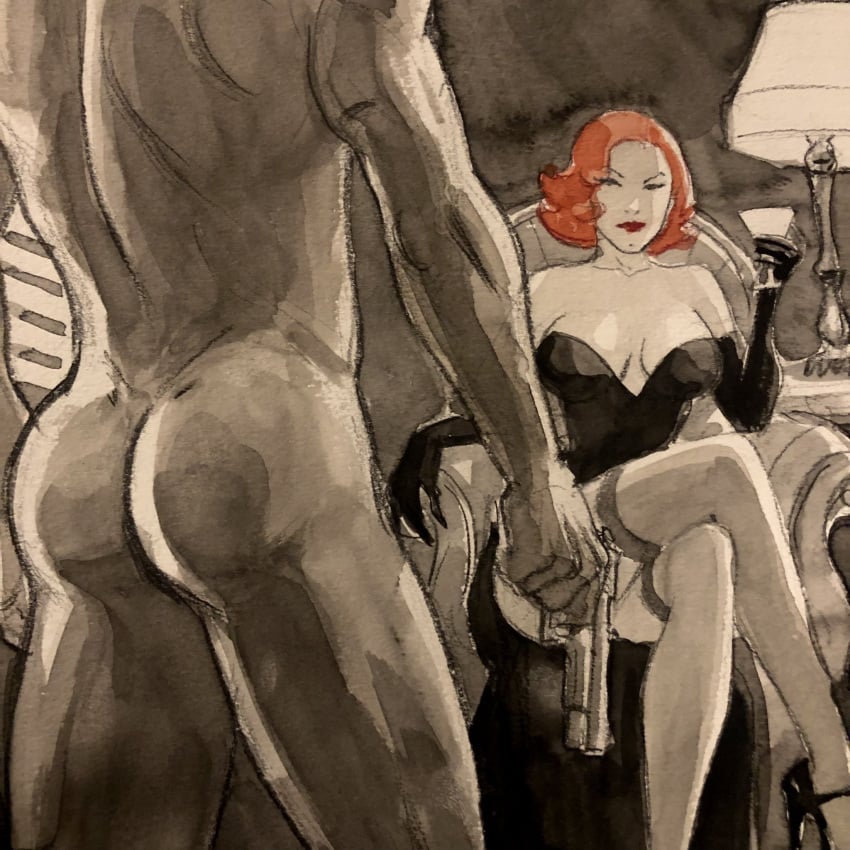 1boy 1girls ass caprice cfnm clothed_female_nude_male enrico_marini female femdom holding_weapon limited_palette male male_ass male_ass_focus noir_burlesque red_hair