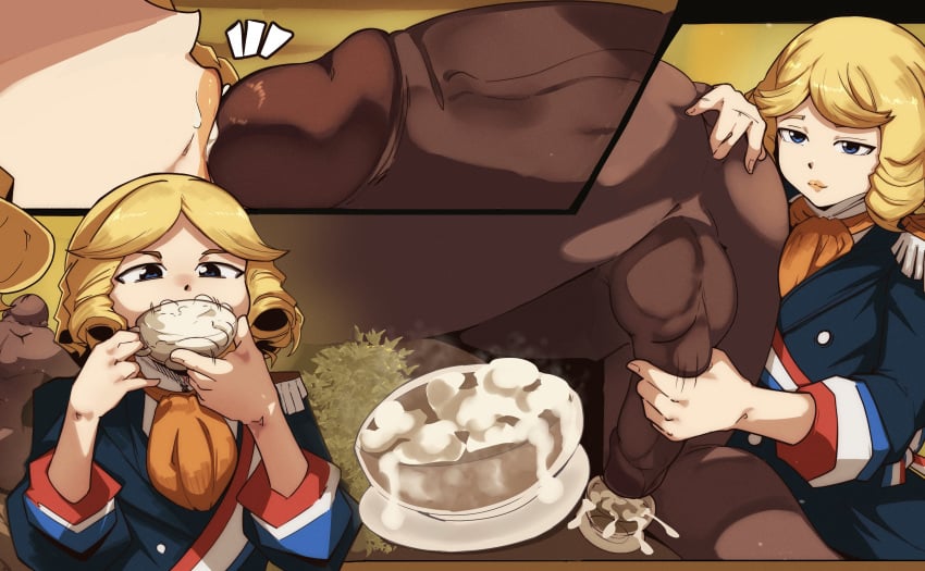 ambiguous_gender anal_fingering blonde_hair blue_eyes clothed clothing cum cumming_in_cup curly_hair dark-skinned_male dark_penis dark_skin dr.stone drinking drinking_cum fellatio fingering francois_(dr.stone) gokkun human interracial light_skin male masturbating_other milking_handjob naked naked_male nude nude_male penis pinkseito sucking_tip teacup wavy_hair