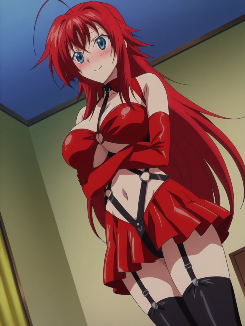 ahoge ai ai_assisted ai_generated ass bdsm_outfit blue_eyes blush bondage breasts cute gloves harness high_school_dxd large_ass large_breasts latex latex_gloves latex_stockings leather leather_clothing leather_gloves leather_stockings red_hair rias_gremory shy skirt stockings
