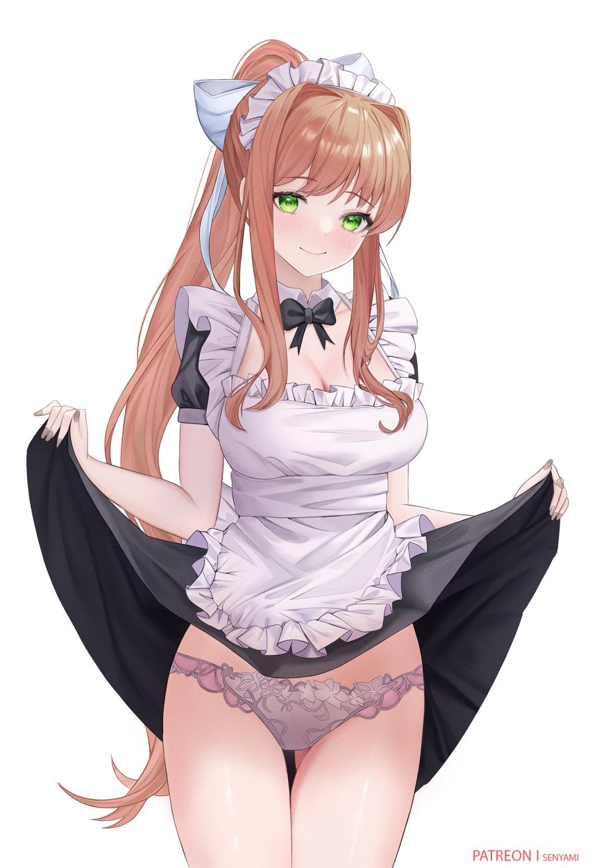 1girls 2025 anime_style bow breasts brown_hair cleavage color doki_doki_literature_club female female_only green_eyes hi_res high_resolution highres human human_only just_monika large_breasts lifting_skirt long_hair looking_at_viewer maid maid_uniform monika_(doki_doki_literature_club) panties ponytail presenting presenting_panties showing_panties skirt skirt_lift skirt_up smile smiling smiling_at_viewer solo solo_female thick_thighs white_bow wide_hips