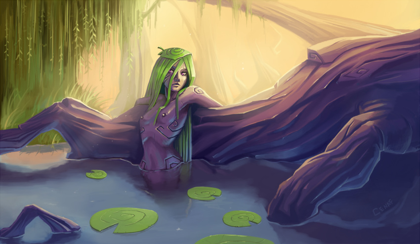 arbuzbudesh breasts dryad female forest frown green_hair long_hair looking_away monster_girl nipples nude nymph original outdoors partially_submerged plant plant_girl plant_humanoid purple_eyes river simple_background small_breasts solo water