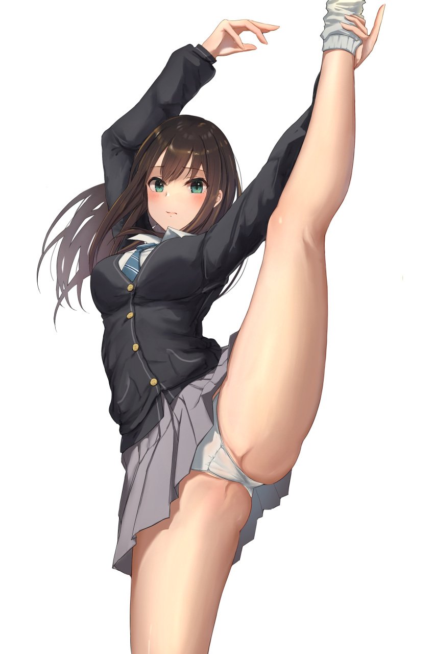 1girls absurdres arms_up black_cardigan blue_necktie breasts brown_hair cardigan collared_shirt commentary_request diagonal-striped_clothes diagonal-striped_necktie green_eyes grey_skirt highres idolmaster idolmaster_cinderella_girls kneepits leg_hold leg_up long_hair long_sleeves looking_at_viewer medium_breasts miniskirt necktie nyome991 panties pleated_skirt school_uniform shibuya_rin shirt skirt socks solo split spread_legs standing standing_on_one_leg standing_split striped_clothes underwear white_panties white_socks wing_collar