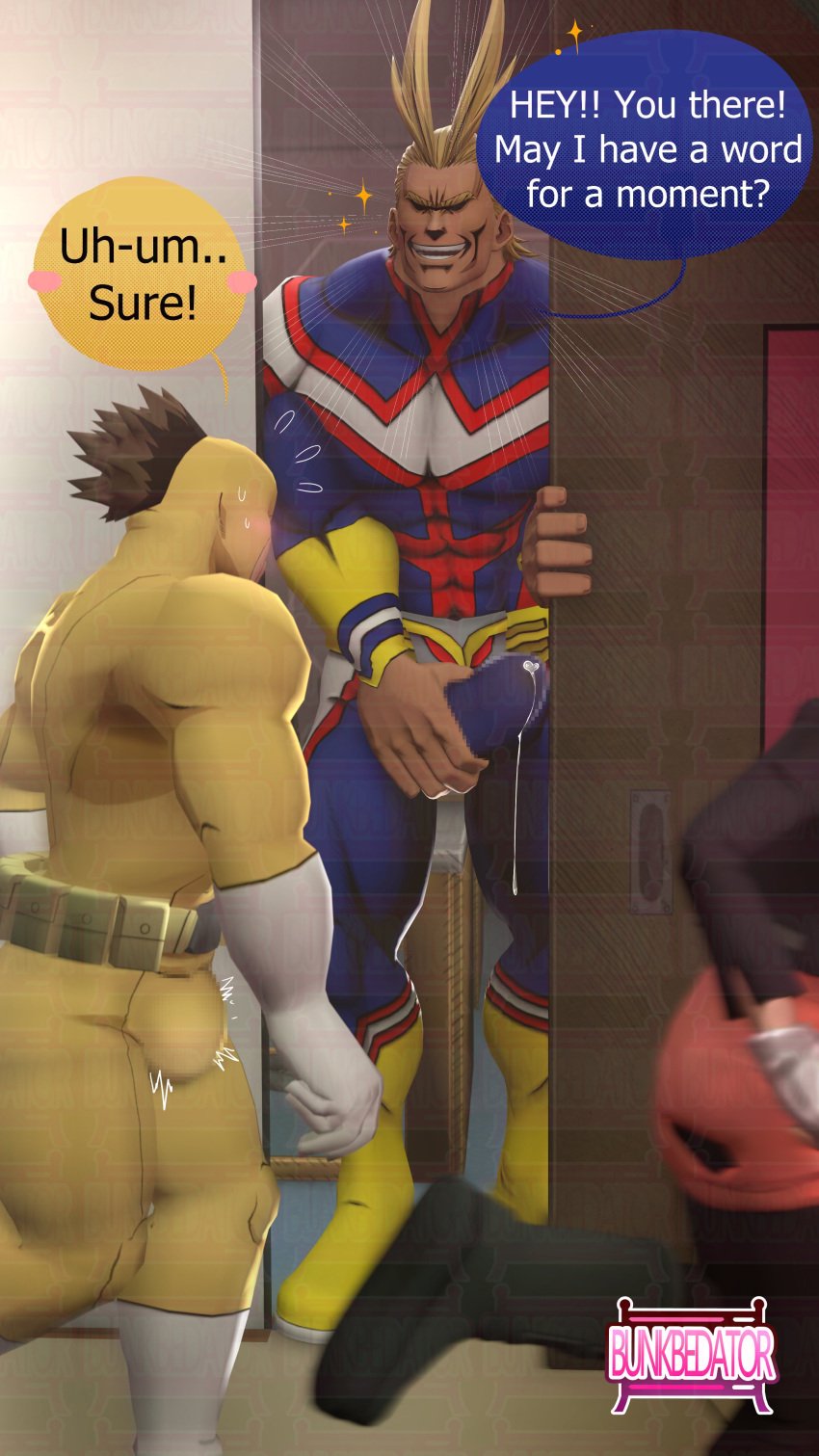 2boys all_might bara barazoku blonde_hair bodysuit bunkbedator cum_through cum_through_clothes erect_penis erection_under_clothes gay male male_only muscles muscular muscular_male my_hero_academia rikido_sato superhero toshinori_yagi yaoi