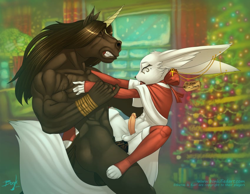 abs anal anthro balls biceps bonk brown_hair canine christmas christmas_tree clenched_teeth closed_eyes clothing duo equine etheras fox fur furry furry_only gay gift hair holidays horn horse jewelry long_ears long_hair male muscles no_humans nude penetration penis size_difference snowing tree unicorn white_fur