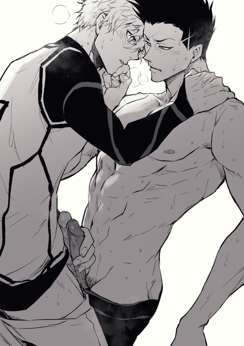 2boys blue_lock blue_lock_bodysuit blush chuma_a_a clothes_pull erection fingernails frottage gay gay_male greyscale hand_on_another&#039;s_shoulder highres looking_at_another male male_focus male_masturbation male_pubic_hair masturbation monochrome multiple_boys muscular muscular_male mutual_masturbation pants pants_pull penis penises_touching pubic_hair puff_of_air short_hair simple_background soccer_uniform sportswear sweat topless_male white_background yaoi
