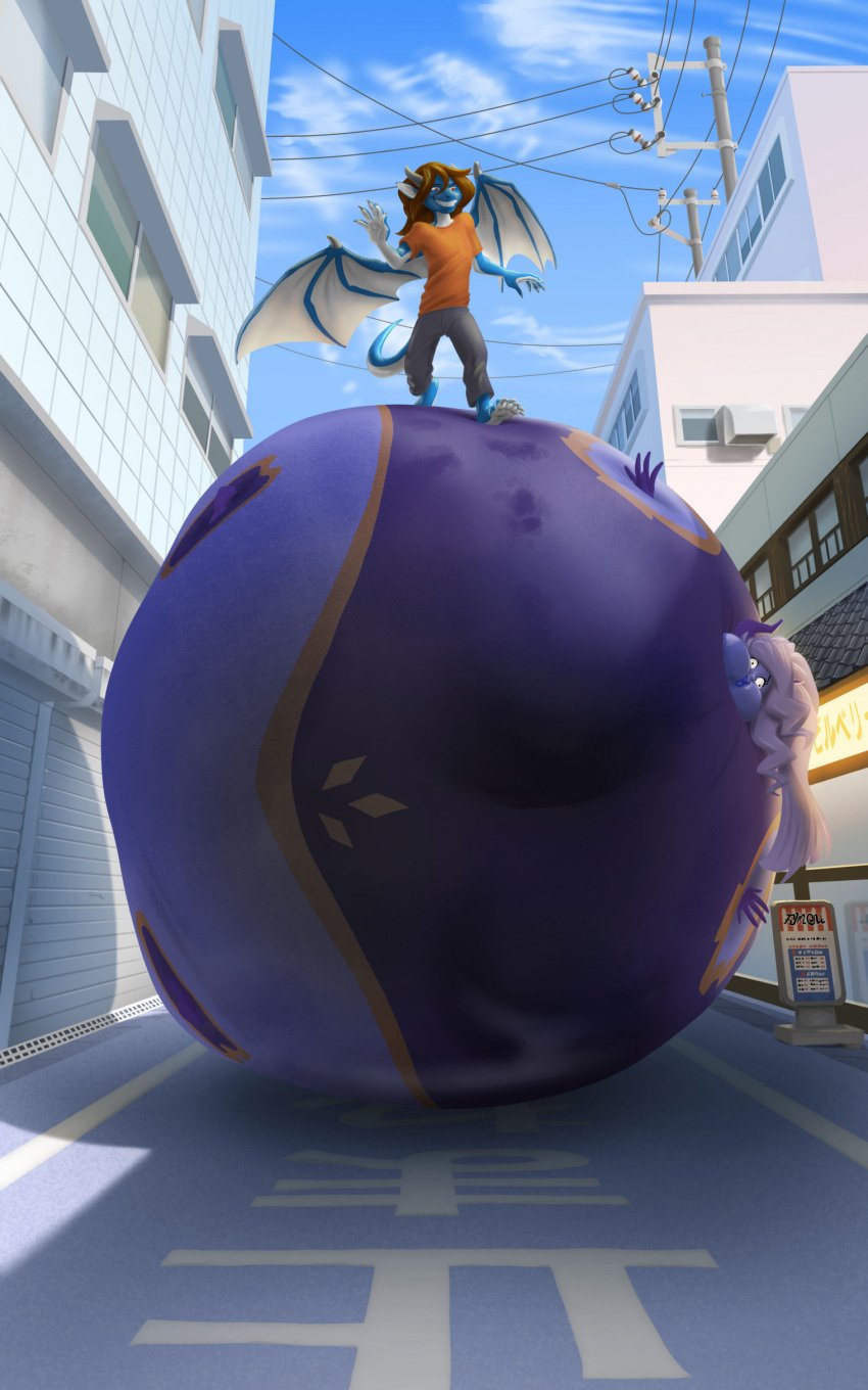 blueberry_inflation dragon furry inflation mount_lady rimou rolling spherical_inflation standing_on_inflatee