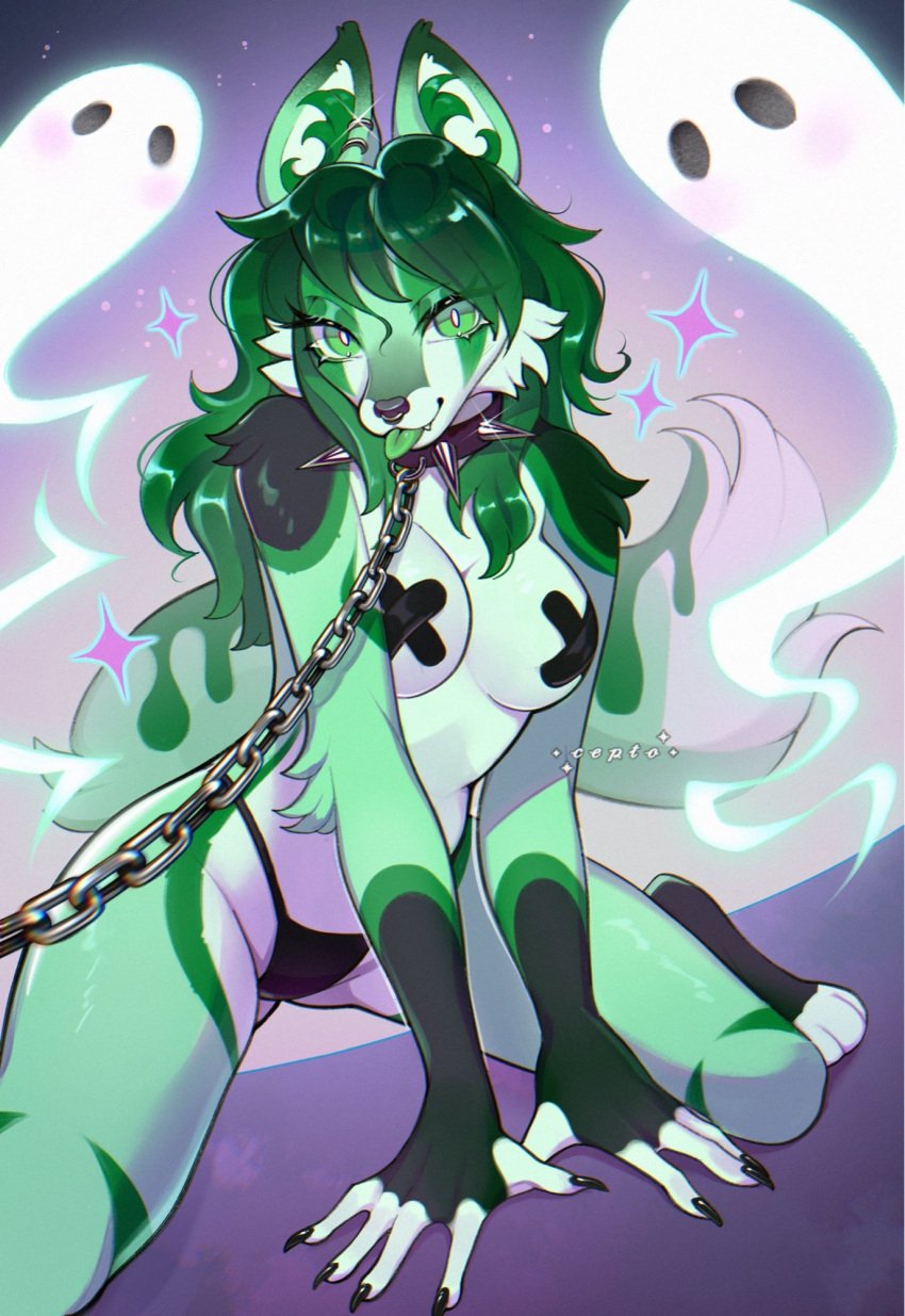 anthro black_body black_claws black_fur black_nose breasts canid canine canis cepto_(artist) chains claws collar ear_piercing facial_piercing female fur ghost green_body green_eyes green_fur green_hair green_tongue hair hi_res kneeling looking_at_viewer mammal medium_breasts multicolored_body multicolored_fur nose_piercing nose_ring pasties piercing ring_piercing solo spiked_collar spikes spirit string_panties tongue tongue_out wolf wolf_ears wolf_tail