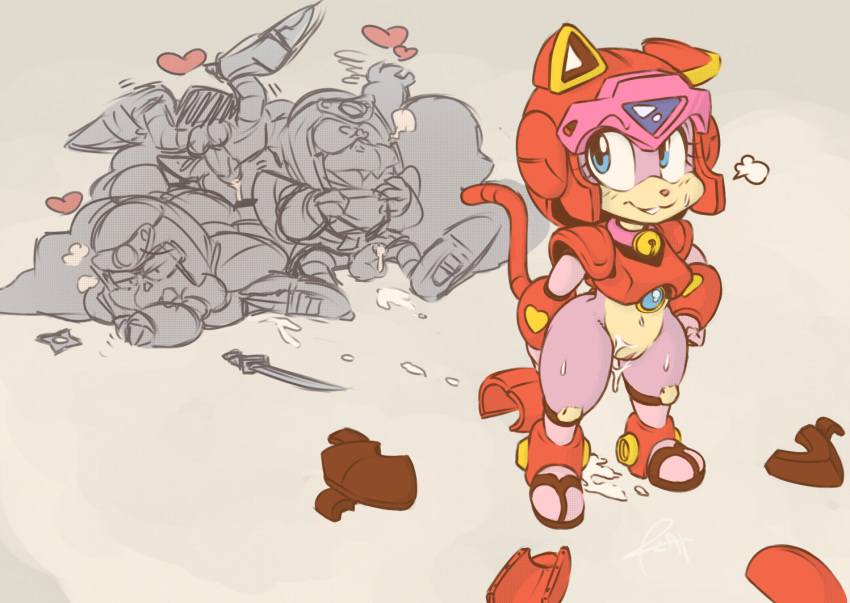 1girls 2013 after_sex anthro armor birds bottomless breasts collar curvaceous defeated domestic_cat feline female fur furry helmet kemono mammal pink_fur pizzacat polly_esther pussy samurai_pizza_cats shuriken sword tail weapon