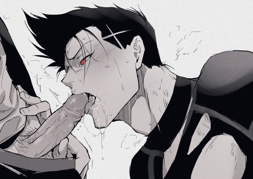 2boys barou_shouei blue_lock chuma_a_a clothes_pull erection fellatio greyscale highres licking licking_penis male male_focus male_pubic_hair monochrome multiple_boys nagi_seishirou oral pants pants_pull penis pubic_hair red_eyes saliva short_hair simple_background spot_color tongue tongue_out veins veiny_penis yaoi
