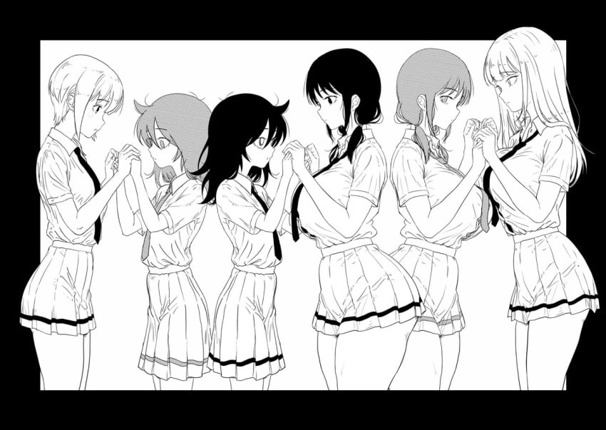 6+girls breasts facing_viewer female gigantic_breasts greyscale holding_hands huge_breasts large_breast looking_at_another looking_at_viewer medium_breasts monochrome multiple_girls nyogiku school_uniform skirt small_breasts standing