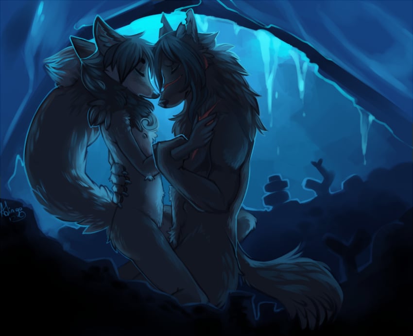 adiago anthro black blue canine cave demios female fluff fox furry halcyon ice male nipples romantic sad scar wolf