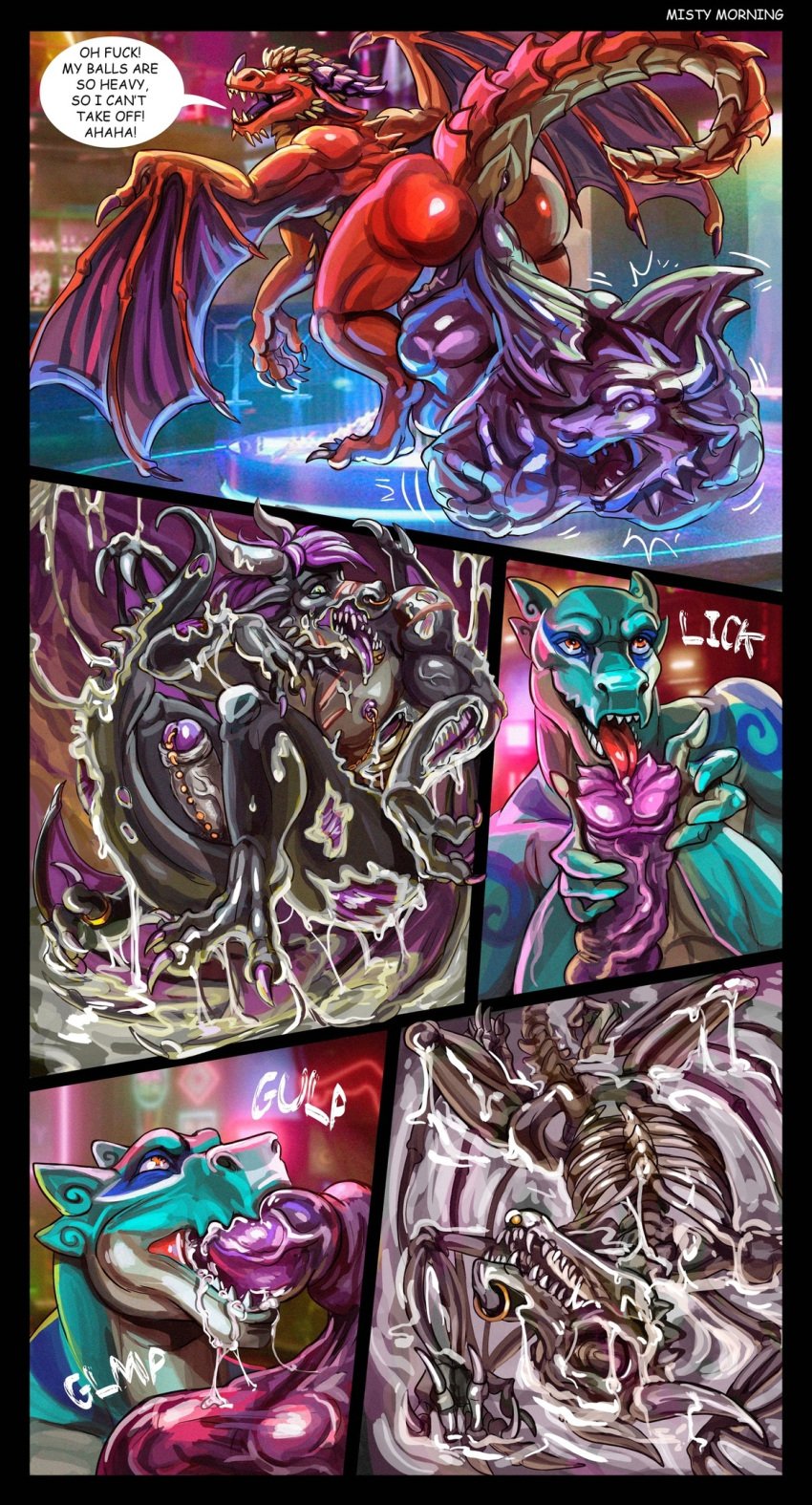 anthro balls bodily_fluids bone cock_vore comic cum digested digestion dragon english_text feet fellatio fish foot_fetish gangbang genital_fluids genitals gore group group_sex hi_res hyper kissing male marine misty_morning muscular mythological_creature mythological_scalie mythology nude oral penile penis piercing scalie sex shark skeleton sucking text trio vore