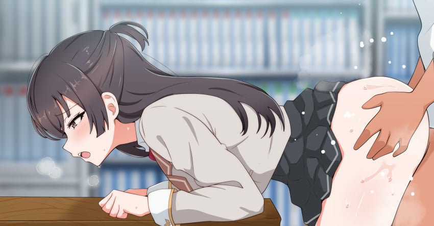 1boy 1girls ass black_hair blurry_background blush blush censored clothed_female clothed_female_nude_male clothed_sex clothing dark-skinned_male dark_skin female female/male female_focus from_behind fucked_from_behind grey_eyes hair_between_eyes hands_on_ass heavenly_ass indoors light-skinned_female light_skin long_hair long_sleeves male male/female medium_breasts mosaic_censoring mostly_nude mostly_nude_male no_panties paid_reward paid_reward_available penis penis_in_pussy pussy radio_(mei99) school_uniform seiren_academy_school_uniform sex sex_from_behind shirt skirt skirt_up slim_waist straight straight suou_yuki sweat sweatdrop sweating table taken_from_behind teenage_girl teenager textless_version tokidoki_bosotto_russian_de_dereru_tonari_no_alya-san unseen_male_face vagina vaginal_penetration vaginal_sex white_shirt