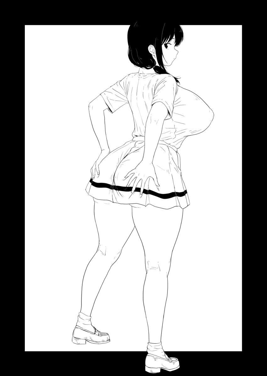 1girls curvy facing_viewer from_behind greyscale huge_breasts looking_back monochrome nyogiku school_uniform skirt solo standing thick_thighs wide_hips