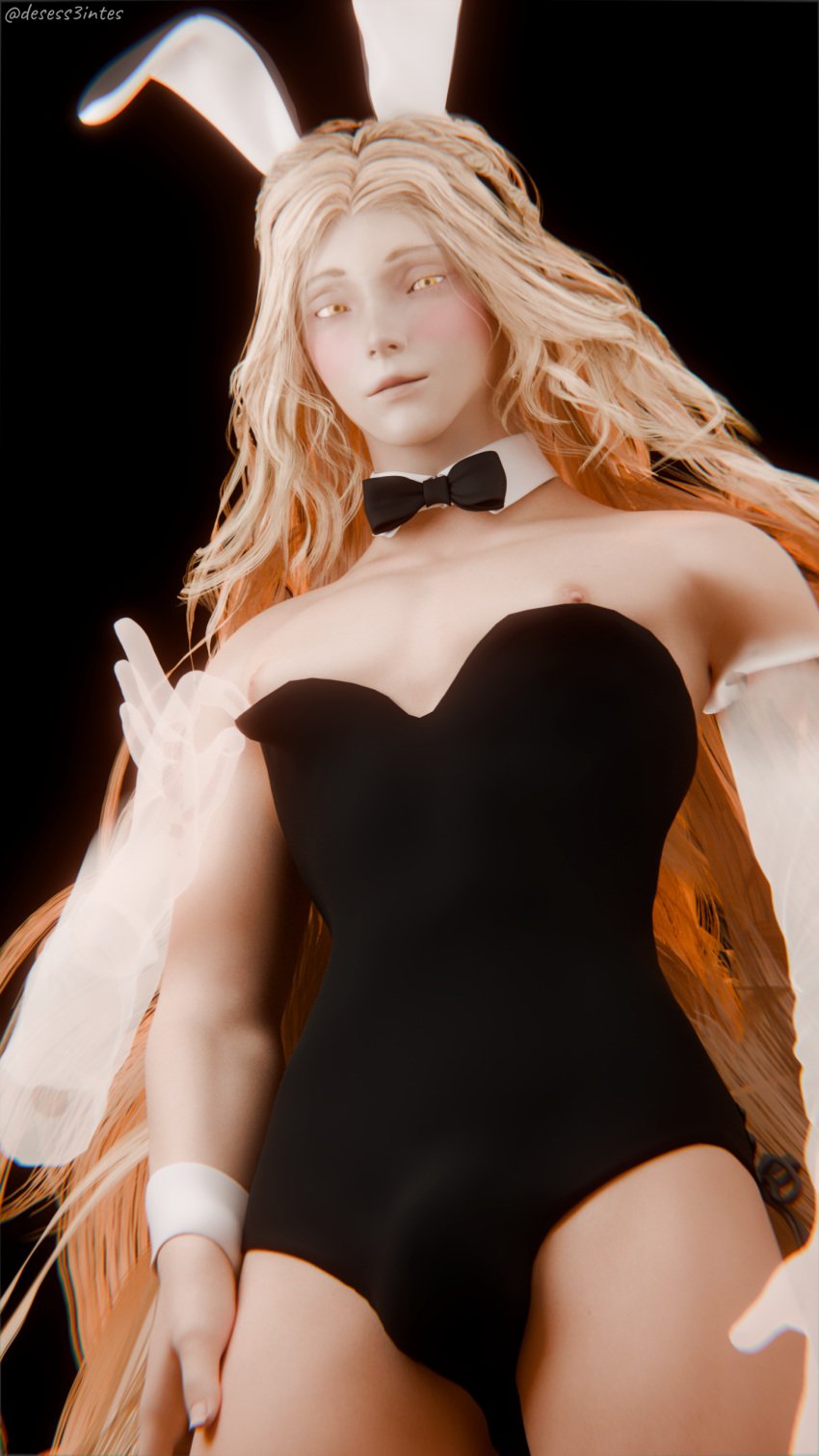 1boy 3d blender blonde_hair blush bow_tie bulge bulge_through_clothing bunny_boy bunny_costume bunny_ears bunnysuit desess3intes elden_ring femboy fromsoftware long_hair male_focus male_only miquella miquella_the_kind nipples penis presenting_penis solo tagme twink yellow_eyes