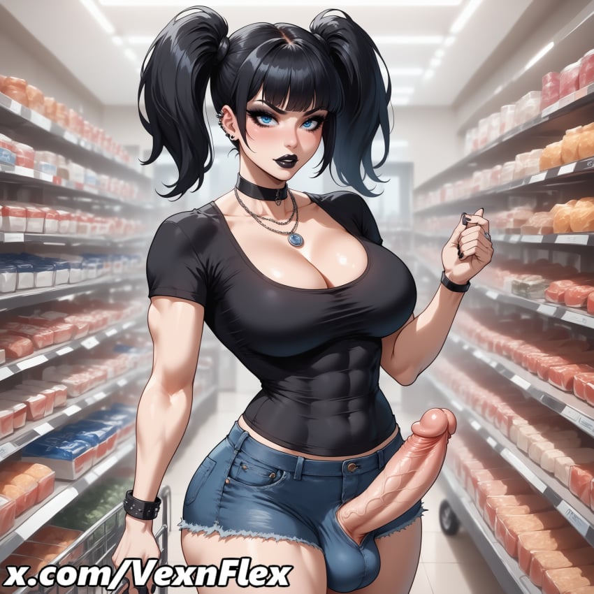 abs ai_generated balls bangs biceps black_hair black_nails black_shirt blue_eyes blue_shorts blush breasts choker cleavage covered_abs covered_navel denim denim_shorts ear_piercing earrings erection female futanari goth goth_girl gothic hi_res high_resolution holding huge_cock indoors intersex jewelry large_breasts large_penis large_testicles lipstick looking_at_viewer makeup muscular muscular_female nail_polish necklace pendant penis piercing shirt shop shopping short_shorts short_sleeves shorts solo t-shirt testicles tight_shirt twintails uncensored veins veiny_penis vexnflex violet_(vexnflex) watermark
