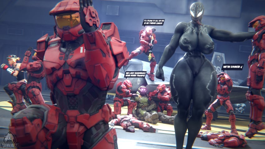 amazonian big_ass big_breasts big_female dawkingz doom_slayer_(doom) fortnite giant_female jojo_reference master_chief muscular_female she-venom taller_female thunder_thighs voluptuous_female