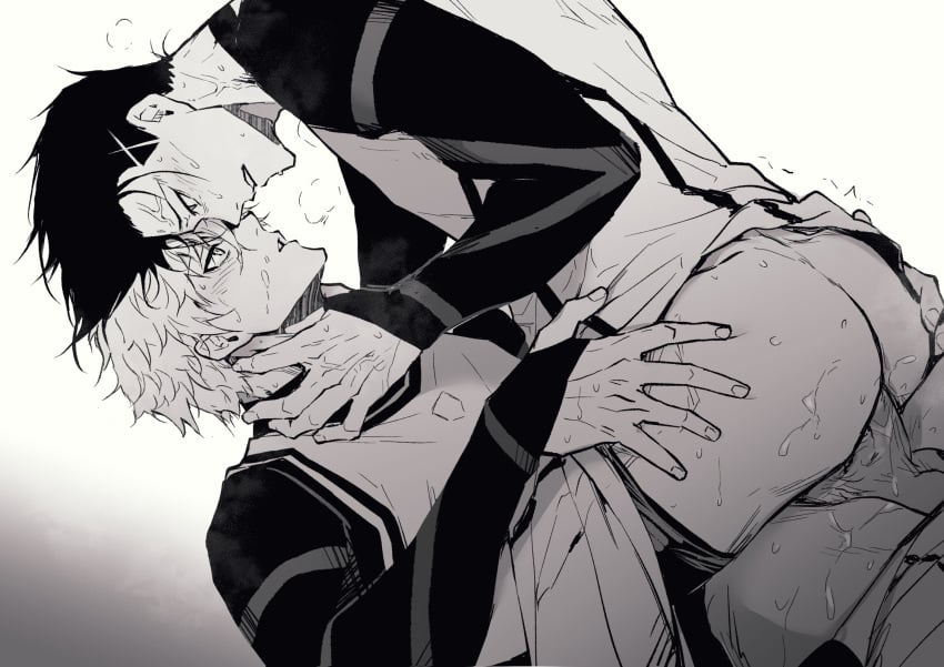 2boys anal ass balls barou_shouei blue_lock blue_lock_bodysuit chuma_a_a clothed_sex clothes_pull fingernails gradient_background grey_background greyscale hand_on_another&#039;s_neck highres looking_at_another male male_focus male_penetrated monochrome multiple_boys nagi_seishirou open_mouth pants pants_pull penis puff_of_air short_hair simple_background soccer_uniform sportswear teeth testicles toned toned_male white_background yaoi