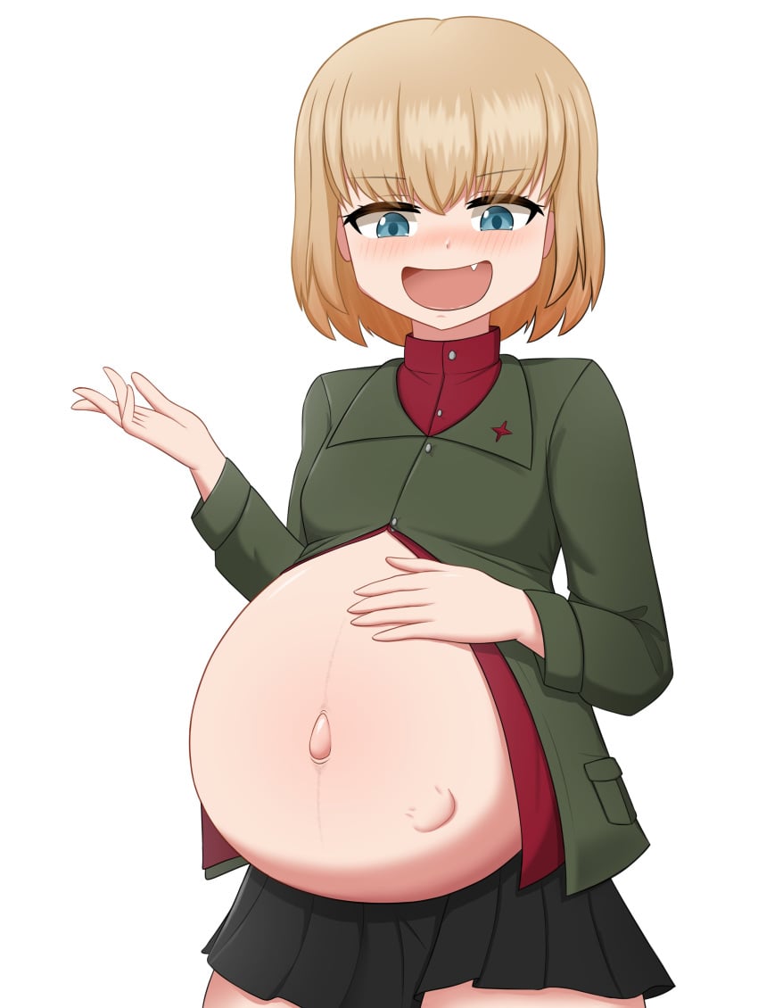 blonde_hair blue_eyes blush female fetal_movement girls_und_panzer hand_on_own_stomach katyusha lernana_6 navel oerba_yun_fang open_mouth pravda_military_uniform pregnant stomach_bulge