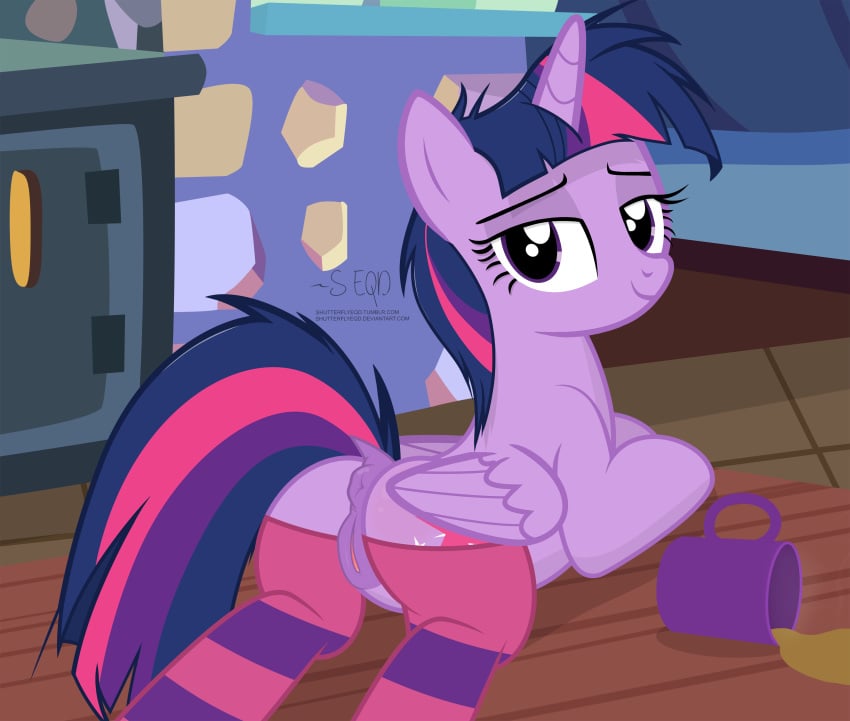 2018 absurd_res alicorn animal_genitalia animal_pussy anus ass bedroom_eyes beverage clitoral_winking clitoris clothing coffee cup cutie_mark dock equine equine_pussy eyebrows eyelashes feathered_wings feathers female feral friendship_is_magic hair half-closed_eyes hi_res hooves horn inside inviting kitchen legwear looking_at_viewer looking_back lying mammal messy_hair morning mostly_nude multicolored_hair my_little_pony oven portrait presenting presenting_hindquarters puffy_anus purple_eyes purple_feathers pussy raised_tail rear_view seductive shadow shelf shutterflyeqd signature smile socks solo striped_legwear striped_socks stripes table thigh_highs twilight_sparkle_(mlp) wings