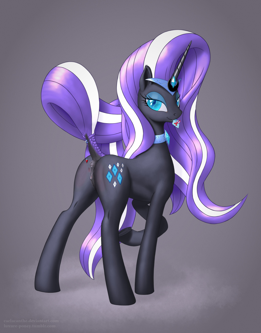 1girls 2013 anatomically_correct anus caelacanthe condom cutie_mark dark_persona equine female friendship_is_magic furry-specific_piercing horn horse levitation looking_at_viewer magic masochism mouth_hold my_little_pony necklace nightmare_rarity pain piercing pony presenting pussy raised_tail rarity_(mlp) solo straight_hair text unicorn