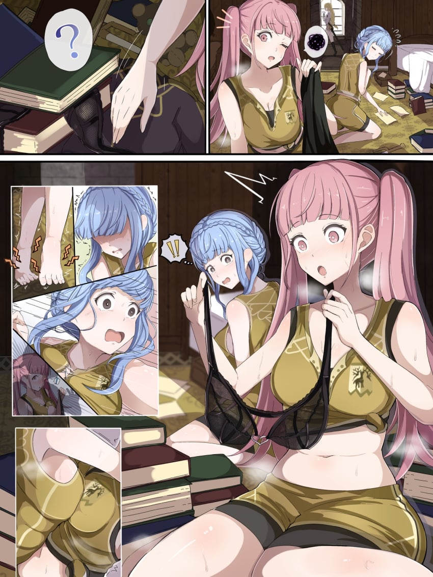 3girls ass asymmetrical_docking black_bra black_shorts blonde_hair blue_hair blush book bra braid breast_press breasts brown_eyes cleavage closed_eyes closed_mouth crown_braid female fire_emblem fire_emblem:_three_houses garreg_mach_monastery_uniform heart heart_o-ring highres hilda_valentine_goneril holding holding_bra holding_underwear holding_unworn_clothes ingrid_brandl_galatea long_hair long_sleeves marianne_von_edmund medium_breasts midriff multiple_girls navel nenemu0 nintendo o-ring open_mouth pink_eyes pink_hair shirt short_hair shorts skirt sleeveless steaming_body stomach twintails underwear weapon white_shirt yellow_shirt yellow_shorts yuri