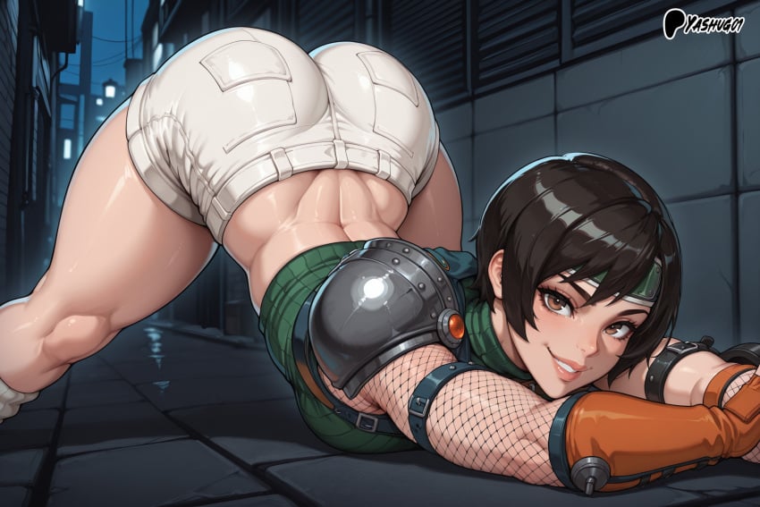 ai_generated asian asian_female athletic_female bare_thighs big_ass big_breasts big_butt black_hair brown_eyes fat_ass final_fantasy final_fantasy_vii gigantic_ass huge_breasts huge_thighs large_breasts light-skinned_female light_skin looking_at_viewer massive_ass muscular muscular_female short_hair short_shorts smiling solo_female square_enix squatting sweat sweatdrop thick_body thick_female thick_thighs thighs tomboy voluptuous voluptuous_female yashugai yuffie_kisaragi