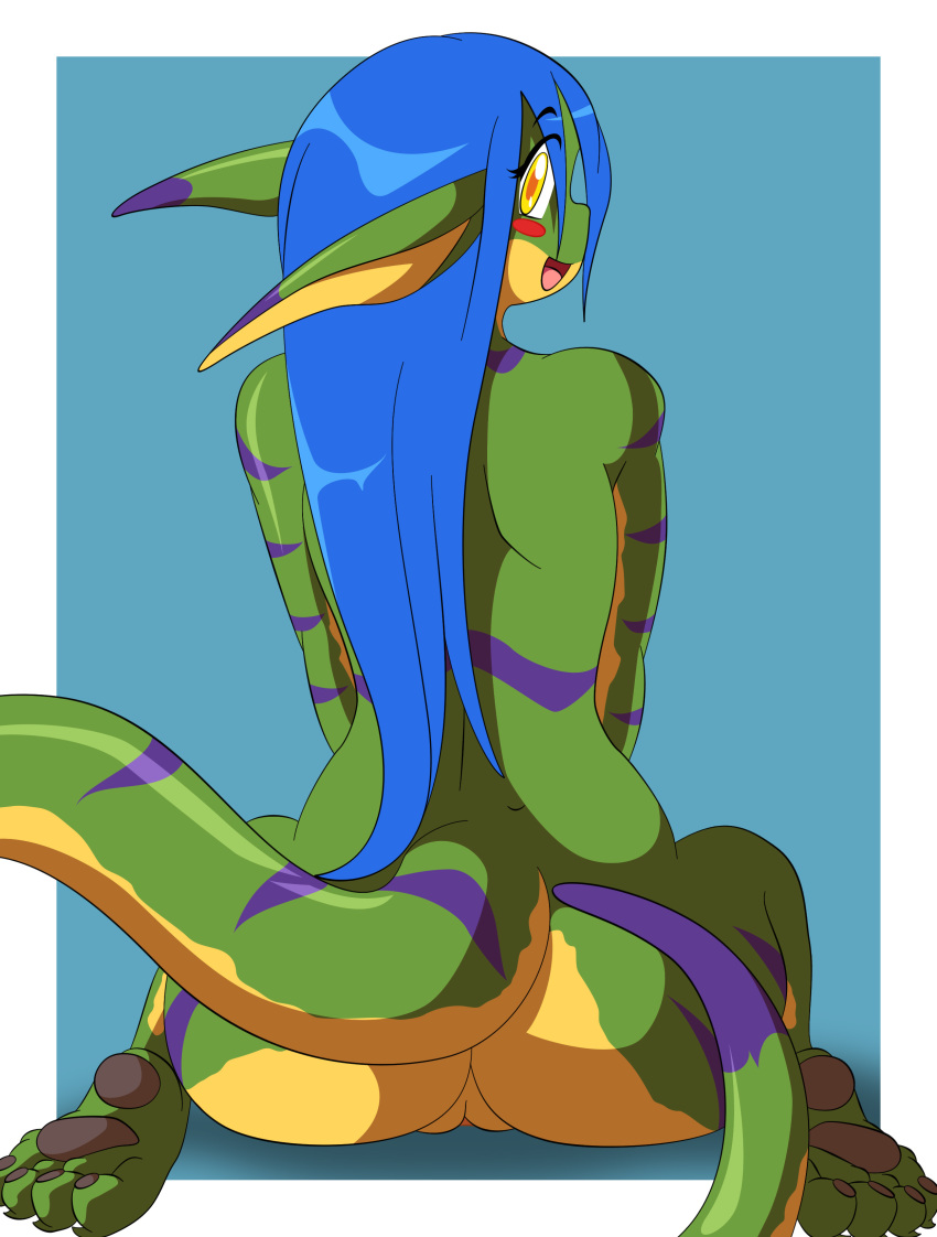 anthro anus ass blue_hair blush chalo edit female furry gecko geecku green_body hair las_lindas lizard long_hair nude open_eyes open_mouth pawpads paws pussy reptile scalie smile spread_ass spreading stripes tongue yellow_body yellow_eyes