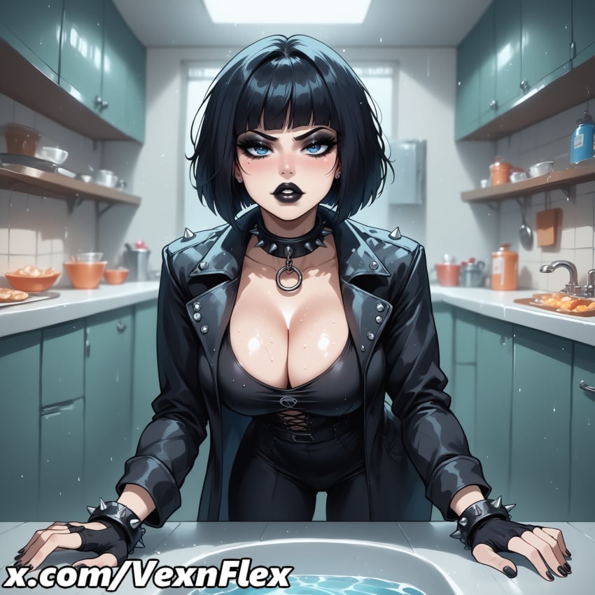 ai_generated bangs black_gloves black_hair black_jacket black_nails blue_eyes blunt_bangs bob_cut bowl bracelet breasts choker cleavage collar collarbone earrings female fingerless_gloves food gloves goth goth_girl gothic hi_res high_resolution indoors jacket jewelry kitchen large_breasts leaning_forward leather lily_(vexnflex) looking_at_viewer makeup mascara meme mole mole_under_eye nail_polish open_clothes pants patreon_username piercing short_hair sink solo spiked_bracelet spiked_collar spikes sweat tile_wall vexnflex watermark