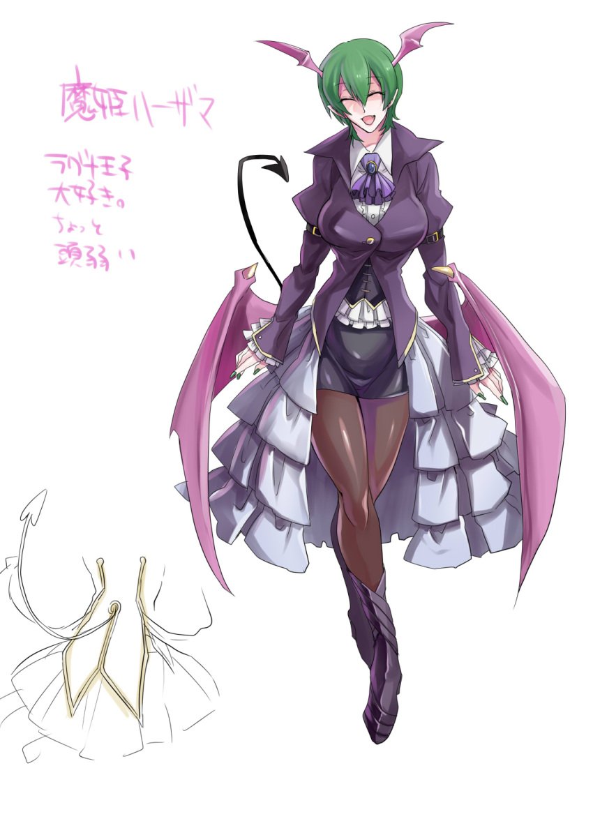 arc_system_works bat_wings blazblue boots closed_eyes demon_tail dress_shirt female green_hair happy hazama head_wings highres jacket kaneaki_mukku miniskirt nail_polish open_mouth pantyhose rule_63 shirt short_hair skirt solo succubus succubus_tail tail white_shirt wings