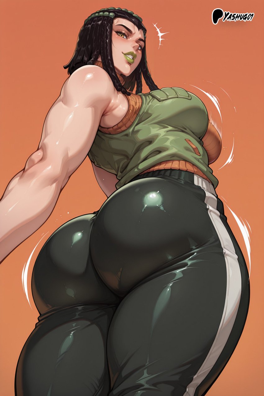 ai_generated bare_thighs big_ass big_breasts big_butt black_hair ermes_costello fat_ass gigantic_ass huge_breasts huge_thighs jojo&#039;s_bizarre_adventure light-skinned_female light_skin looking_down low-angle_view massive_ass massive_breasts orange_eyes short_hair smiling solo_female squatting sweat sweatdrop thick_body thick_female thick_thighs thighs voluptuous voluptuous_female yashugai yoga_pants
