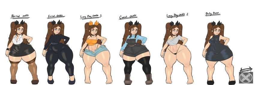 alexandria_(cross_samax) big_lips cross_samax huge_thighs midriff shortstack thick_eyebrows thick_thighs twin_drills wide_hips