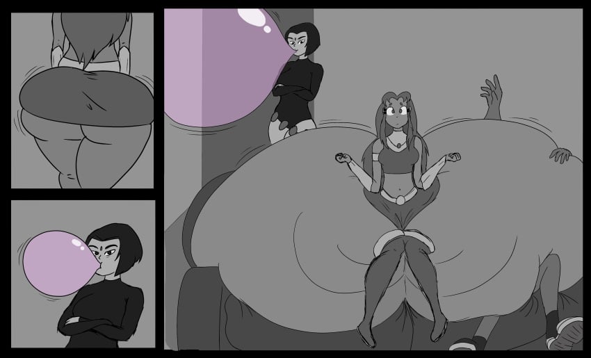 ass_bigger_than_body ass_expansion blowing_bubblegum bottom_heavy comic dc_comics female fetishfetishfetish greyscale hyper_ass inflation malabar_(chewing_gums) monochrome rachel_roth raven_(dc) starfire tagme teen_titans