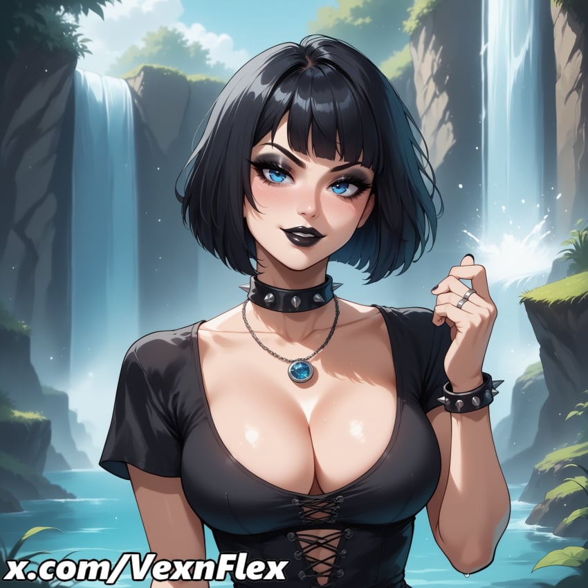 ai_generated artist_name bangs black_hair black_lips black_nails black_shirt blue_eyes blunt_bangs blush bob_cut bracelet breasts cleavage collar collarbone day eyeshadow female gothic hi_res high_resolution jewelry large_breasts lipstick looking_at_viewer makeup mascara necklace outdoors patreon_username ring shirt short_hair short_sleeves sky smile solo spiked_bracelet spiked_choker spiked_collar spikes upper_body vexnflex water waterfall watermark web_address