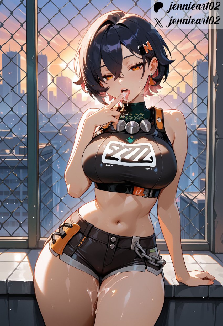 ai_generated arm_support bangs bare_arms bare_shoulders belle_(zenless_zone_zero) black_hair black_shirt black_shorts blue_sky blush breasts building chain-link_fence chains clavicle cleavage clothing cloud colored_inner_hair crop_top cum cum_on_body day earrings eyebrows female female_only fence hair_between_eyes hair_ornament hairclip indoors jennieart02 jewelry large_breasts looking_at_viewer medium_breasts midriff multicolored_hair nail_polish navel not_a_vtuber open_mouth orange_eyes outdoors parted_lips patreon patreon_logo patreon_username piercing saliva shirt short_hair short_shorts shorts sky sleeveless sleeveless_shirt smile solo standing stomach sunset sweat tank_top thick_thighs thighs tongue tongue_out twitter twitter_username virtual_youtuber watermark window zenless_zone_zero