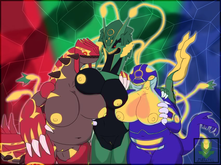 absurd_res amogus anthro breast_squish breasts cetacean delta_kazarashi deltatel dragon female femdel_(deltatel) generation_3_pokemon generation_6_pokemon genitals glowing glowing_eyes glowing_genitalia glowing_nipples groudon group group_nudity group_photo hi_res kyogre legendary_pokemon mammal marine mega_evolution mythological_creature mythological_scalie mythology nintendo nipples pokemon pokemon_(species) primal_groudon primal_kyogre primal_reversion rayquaza scalie squish trio whale