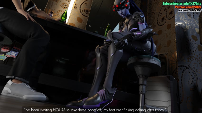 27bits boots boots_removed dialogue feet foot_fetish foot_focus foot_play massage overwatch purple_body purple_hair purple_skin soles stinky stinky_feet sweat sweaty sweaty_feet toes widowmaker worship yellow_eyes